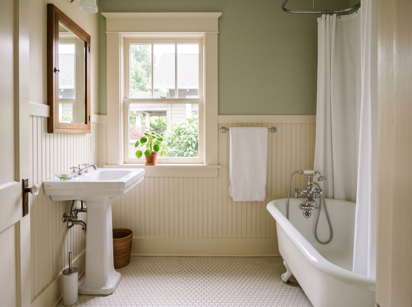 A vintage bungalow bathroom with a clawfoot tub, hex-tile floor, and a fern on a stool and a clean tile floor