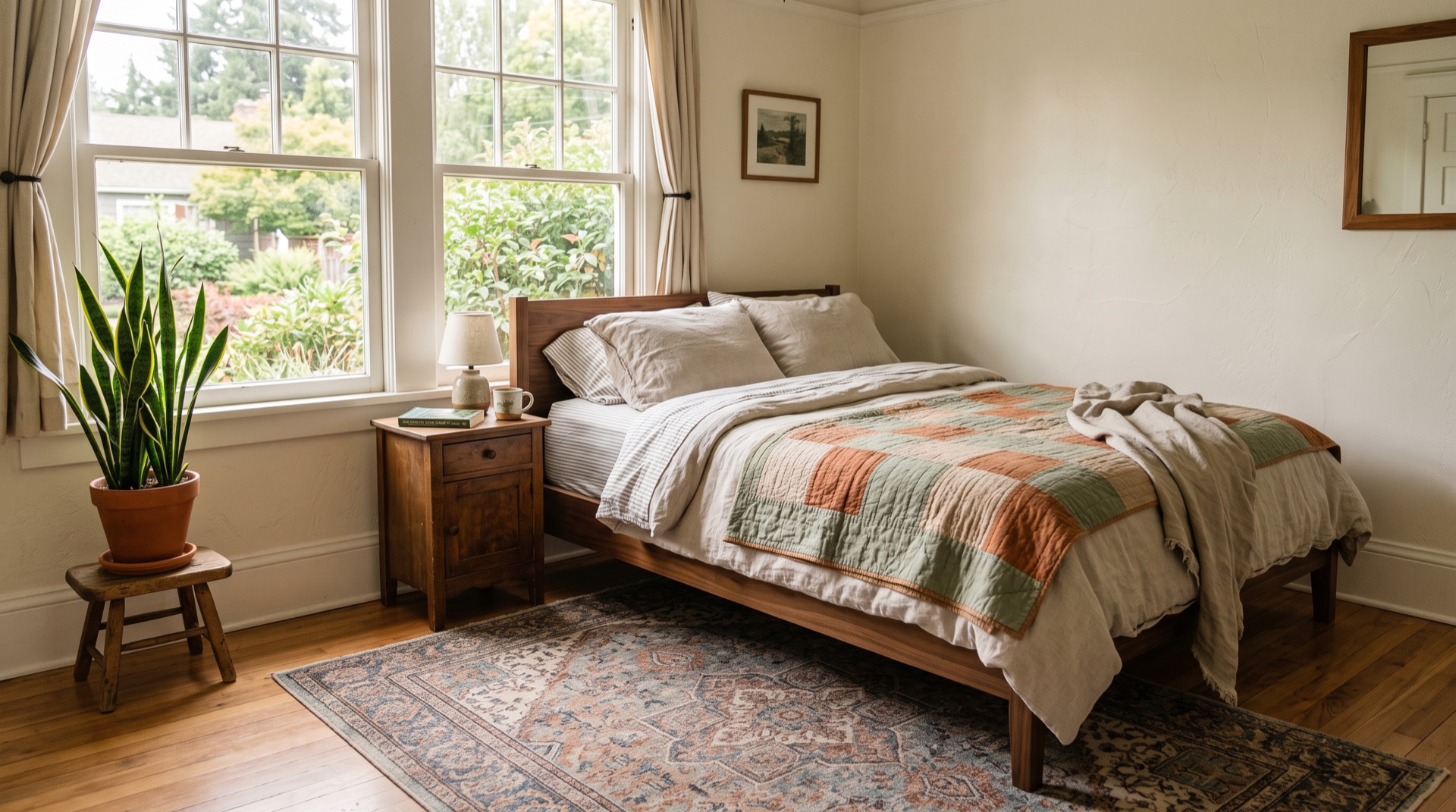A bungalow bedroom with layered quilts, plants in the window, and fir floors, ready for the day