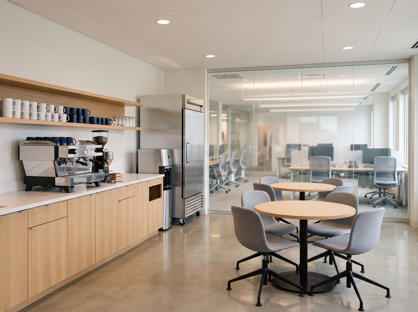 An immaculate office break room with an espresso counter and a glass wall to the office beyond