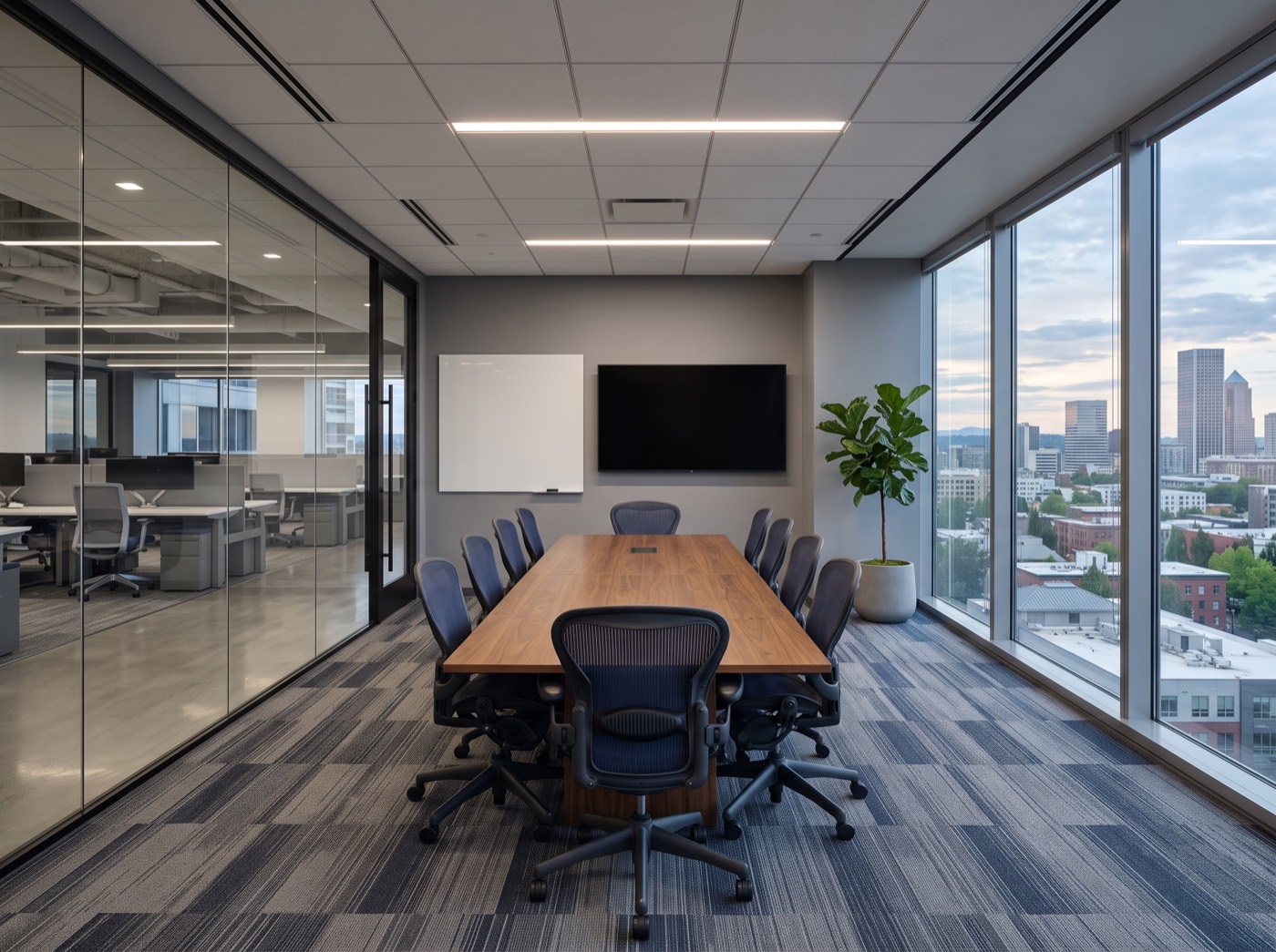 A spotless office conference room with a glass wall and a view over downtown Portland