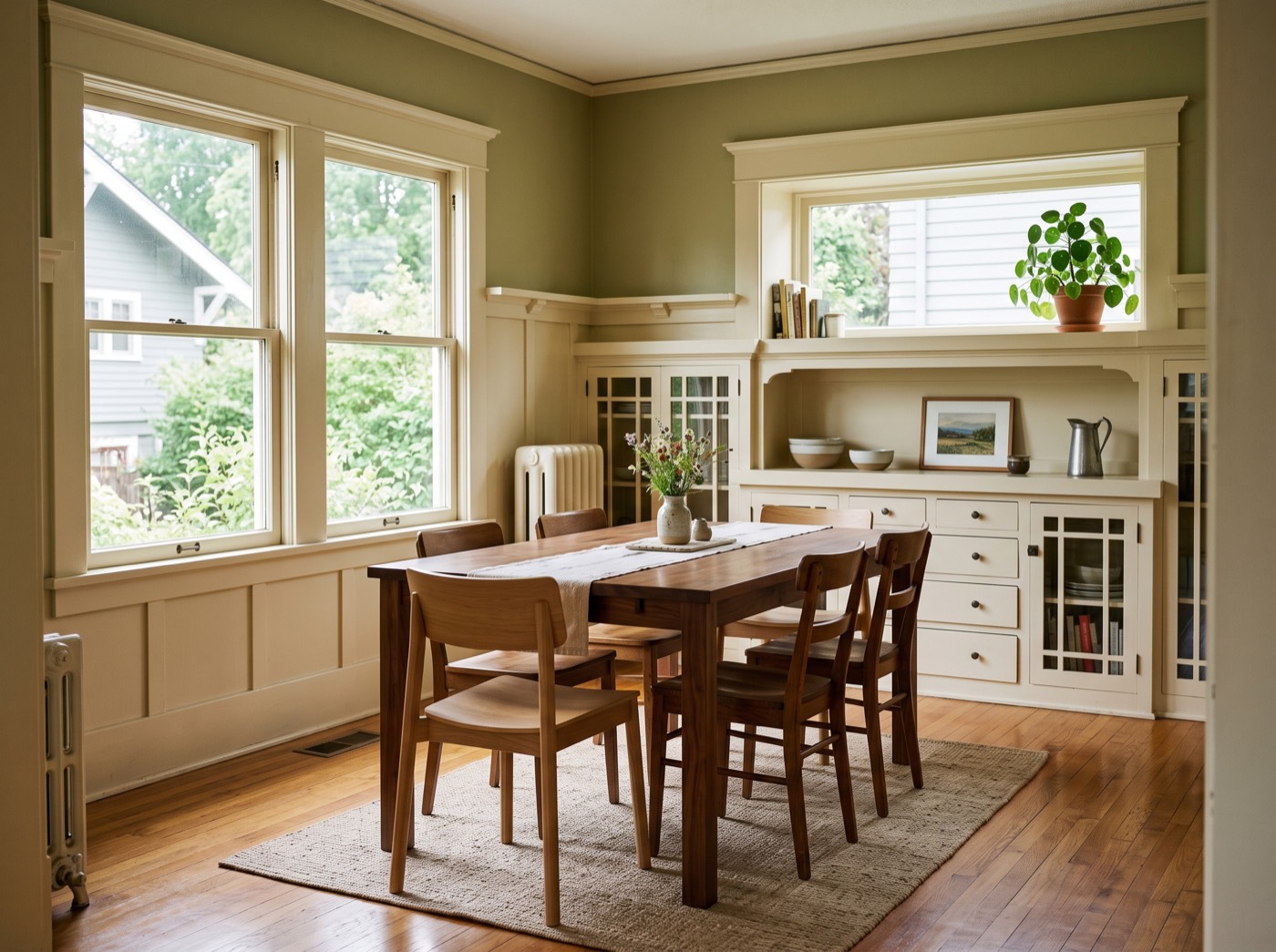 A dining room with a wood table and chairs, built-in cabinets and a rug on a wood floor