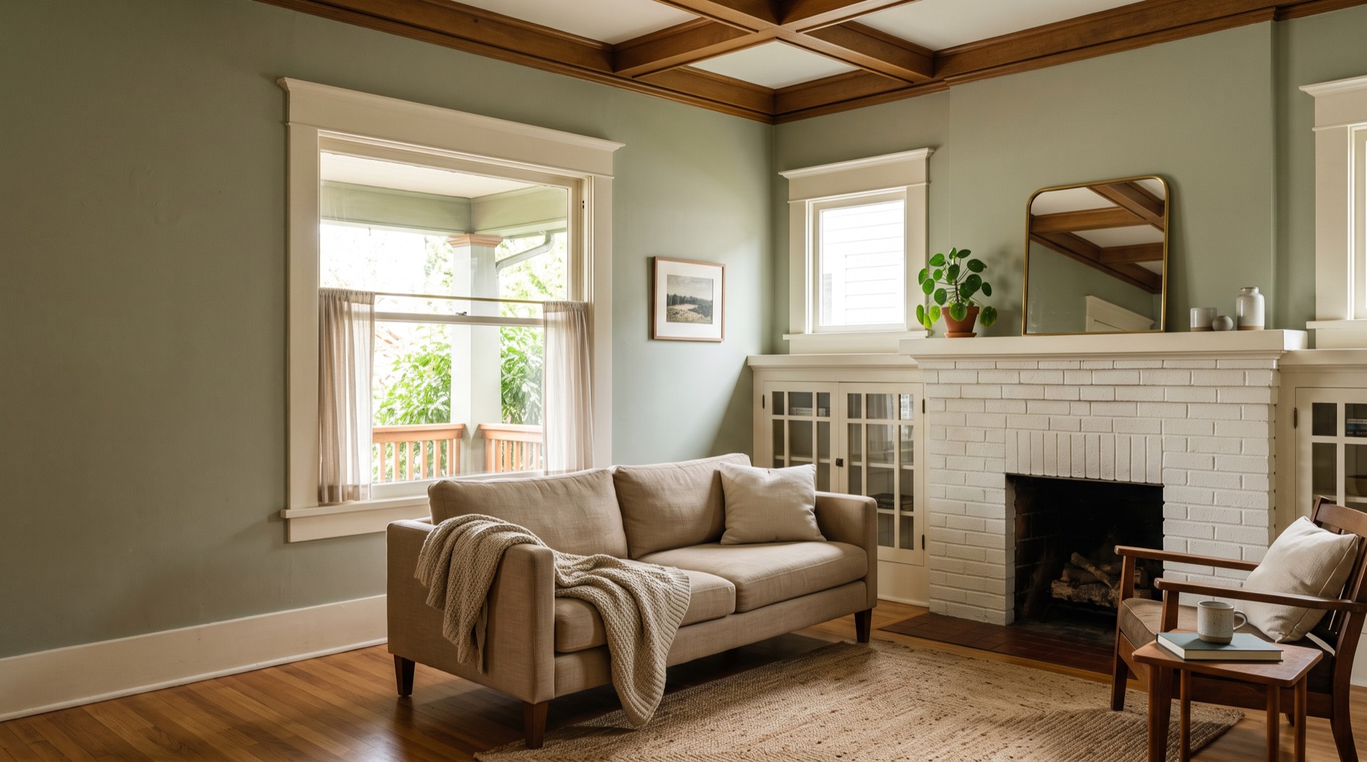 A Portland craftsman living room with a painted brick fireplace, plants, and fir floors