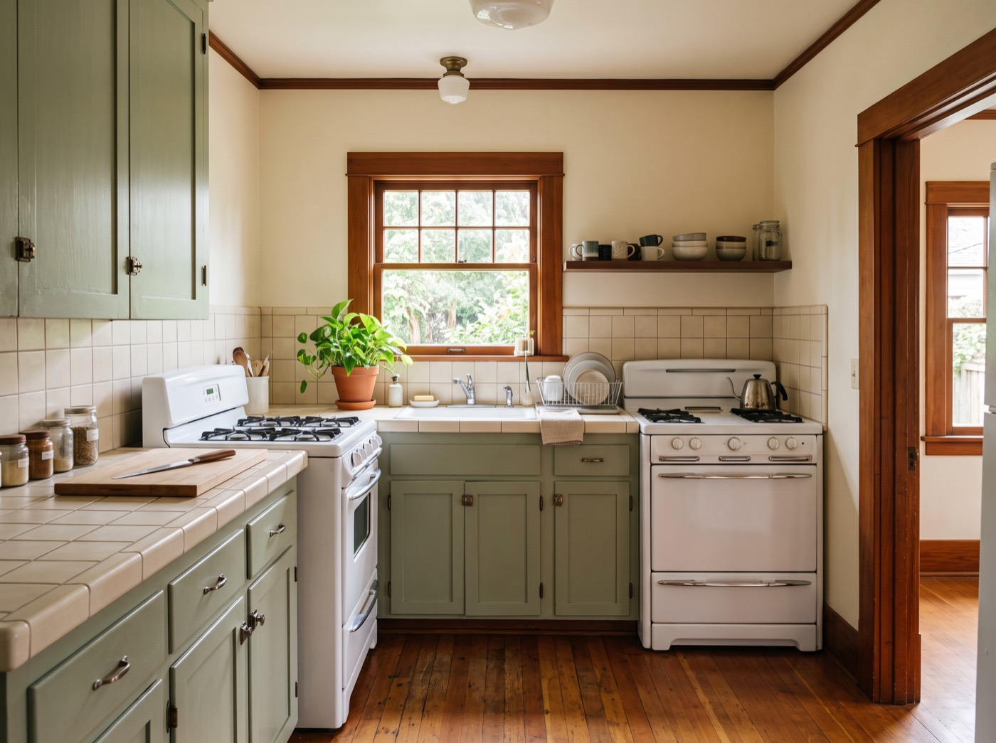 A clean bungalow kitchen with sage cabinets, butcher-block counters, and a farmhouse sink