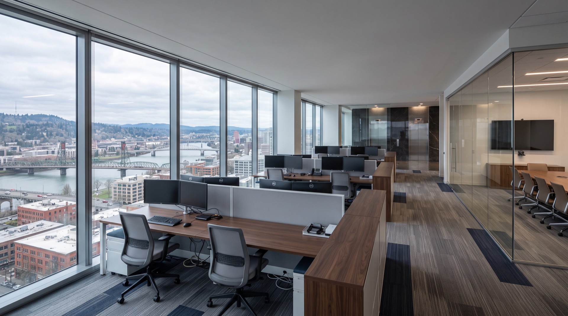 A high-rise office floor with a view over downtown Portland and the river
