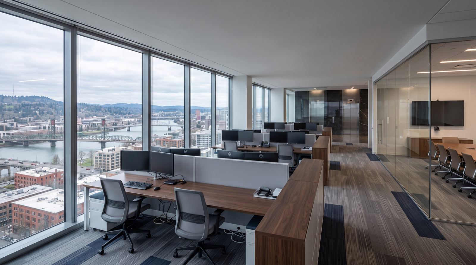 A high-rise office floor with a view over downtown Portland and the river