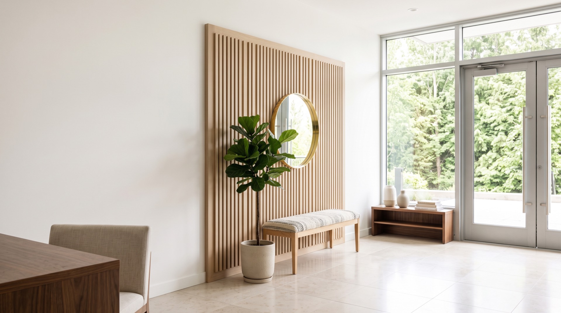 A bright condominium lobby with a wood-slat wall and stone floor