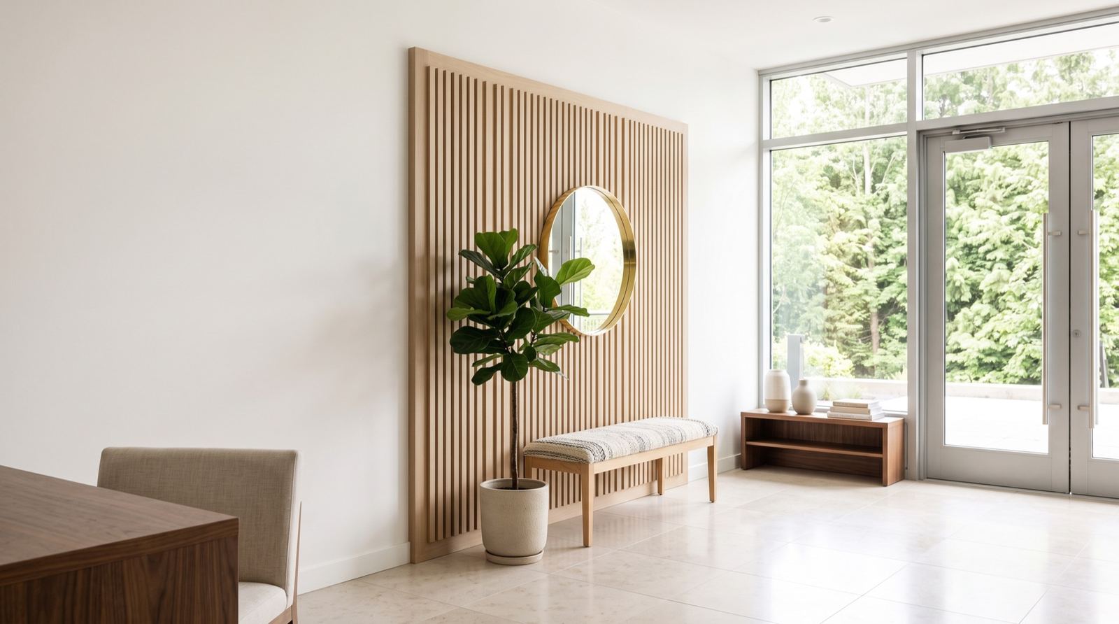 A bright condominium lobby with a wood-slat wall and stone floor