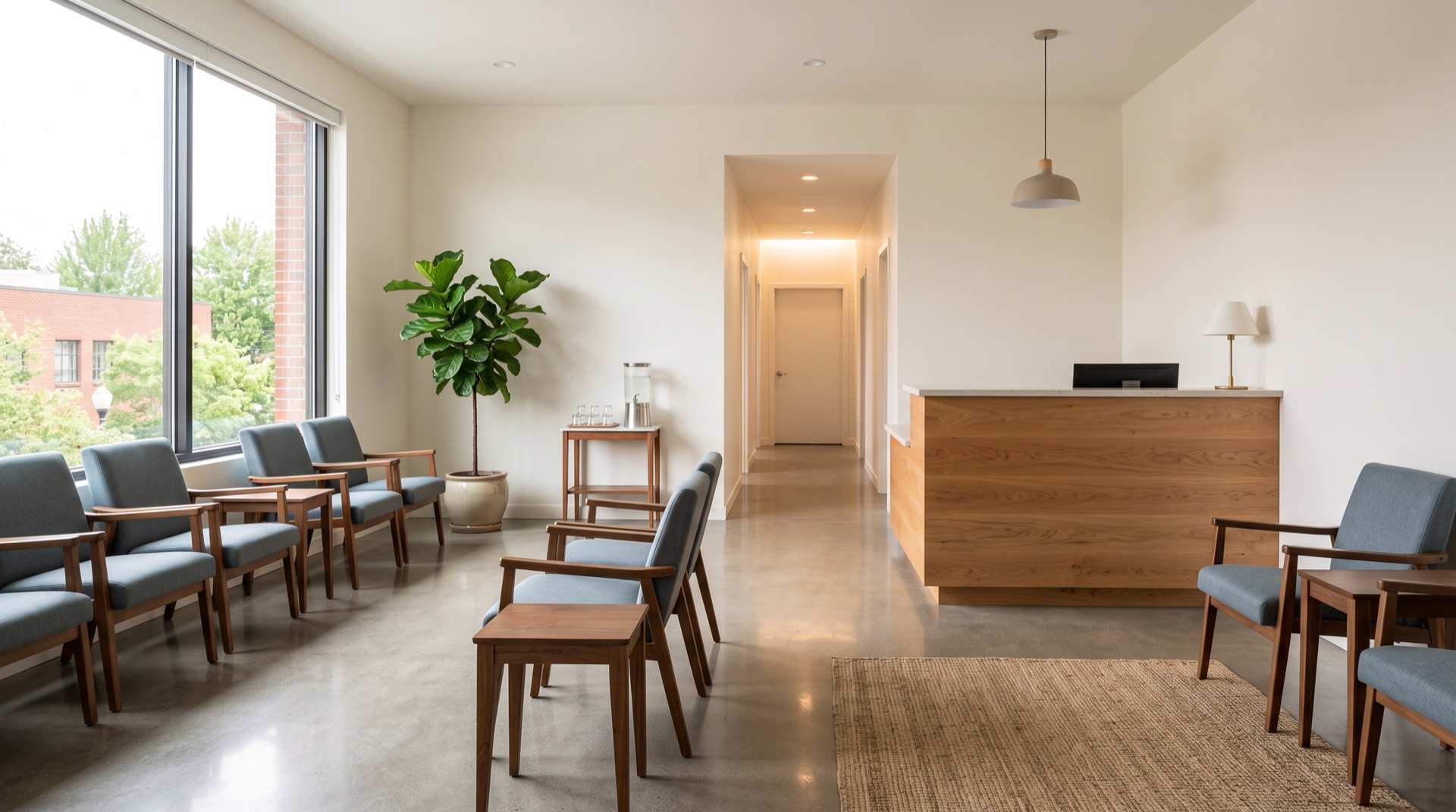 A spotless medical clinic waiting room with soft daylight