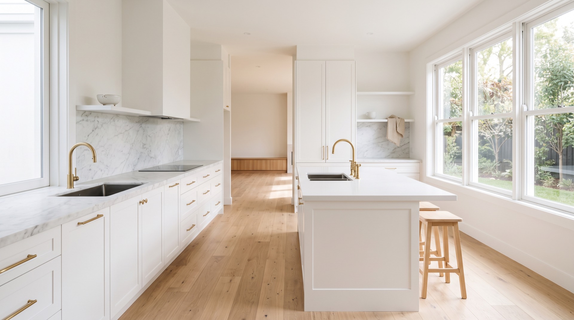 A brand-new white kitchen, spotless on handover day
