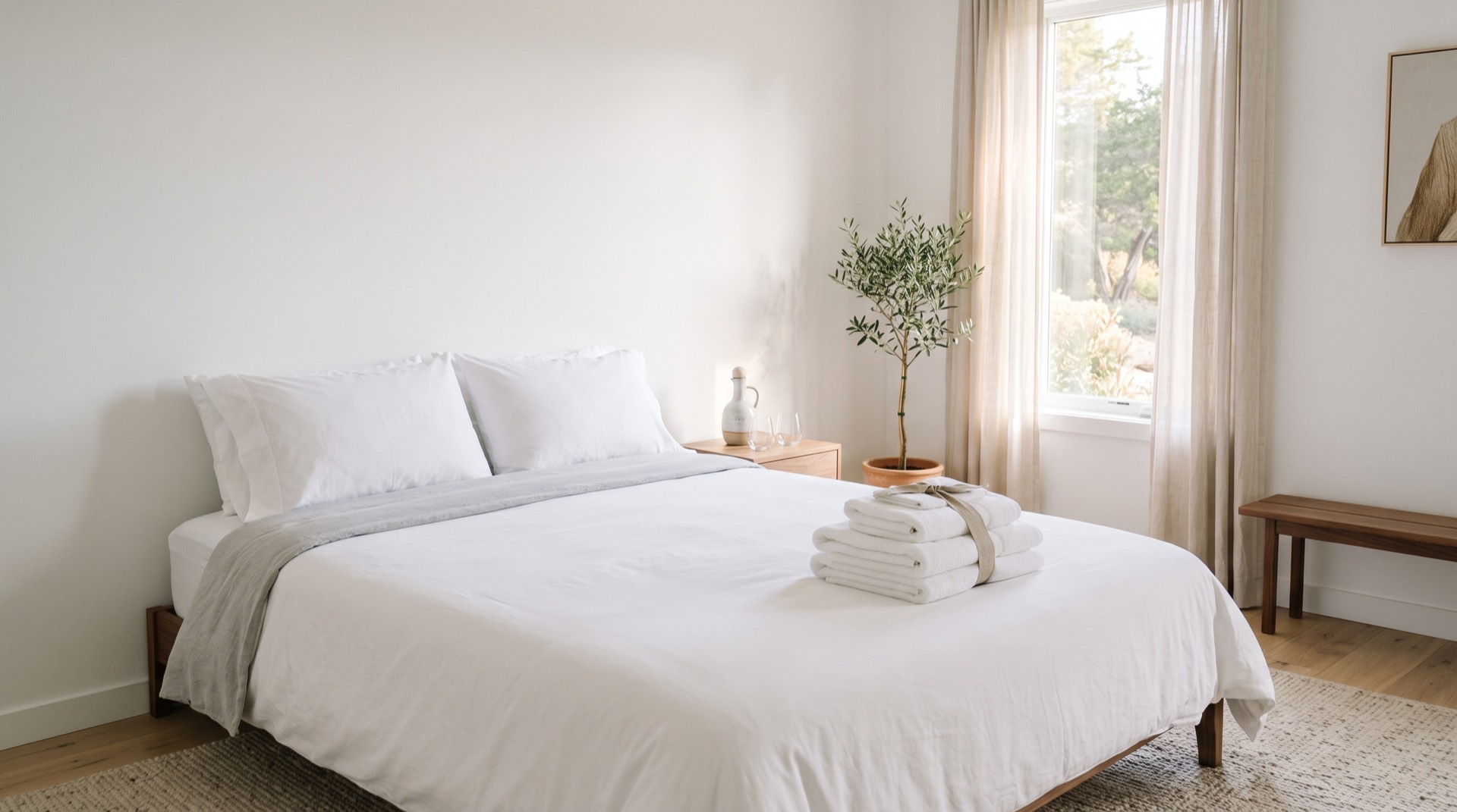 A guest-ready rental bedroom with towels stacked on crisp white bedding
